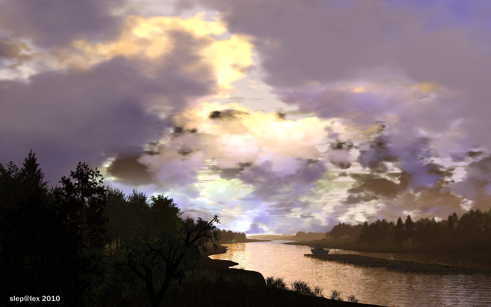 Timber rafting (Sunset over the river)