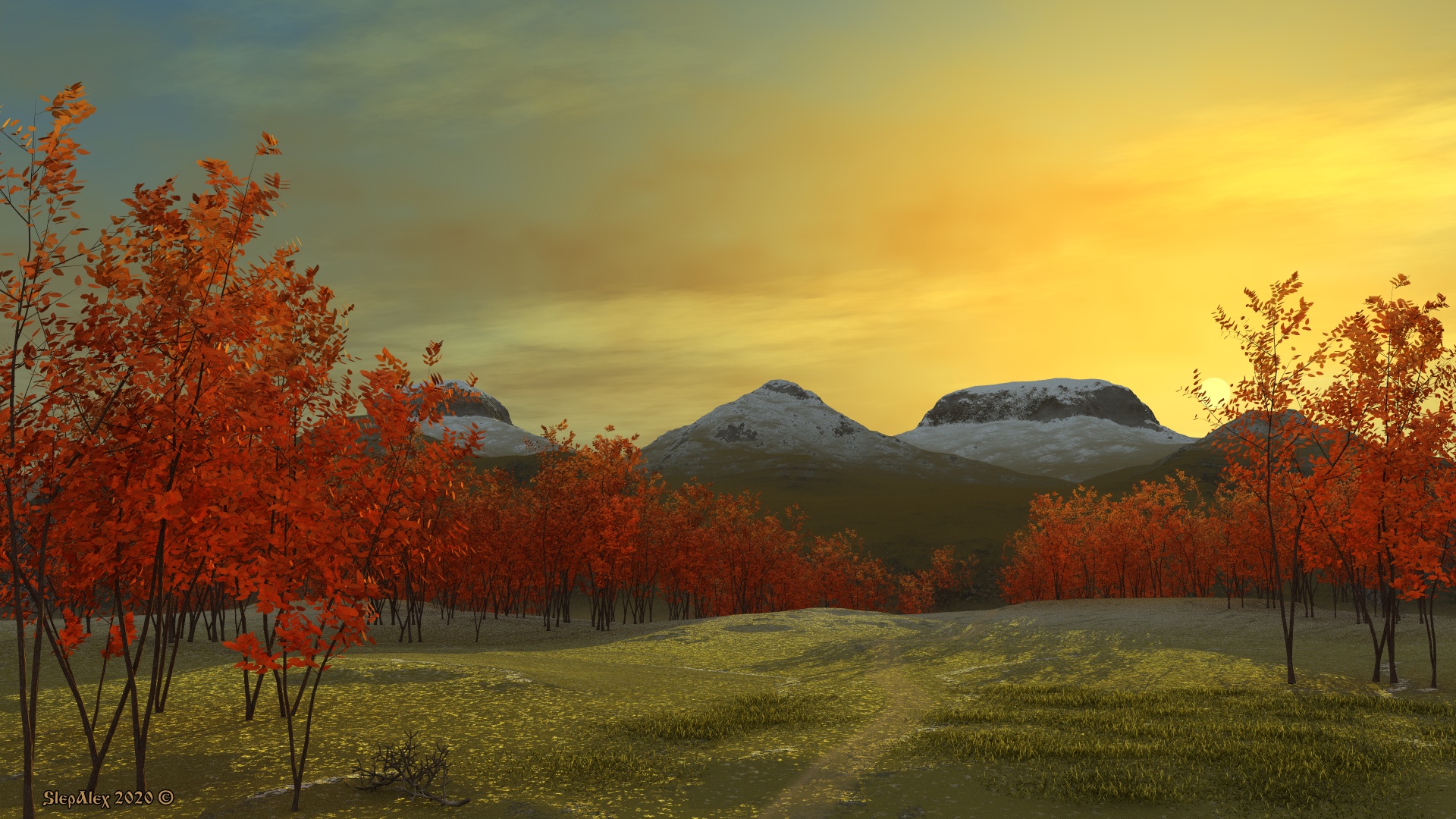 Autumn ray of sunset