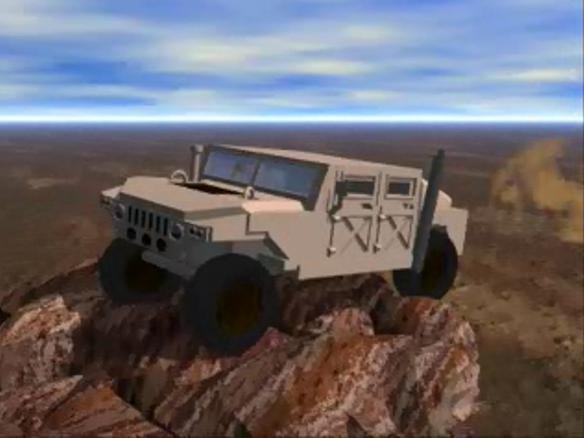 Humvee driving over rocks.