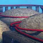 rickety red rope bridge
